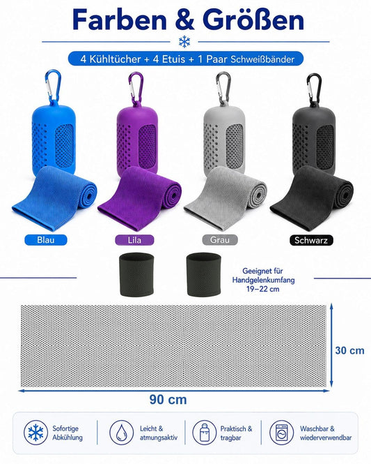 lxmydm Kühltuch Mikrofaser 4er Set mit 2 GRATIS Kühlarmbändern – Sporthandtuch Set Schnelltrocknendes Kühlhandtuch für Fitnessstudio, Gym, Laufen, Yoga und Outdoor – Cooling Towel mit Sofortkühlung - Supplements and more Nahrungsergänzungsmittel