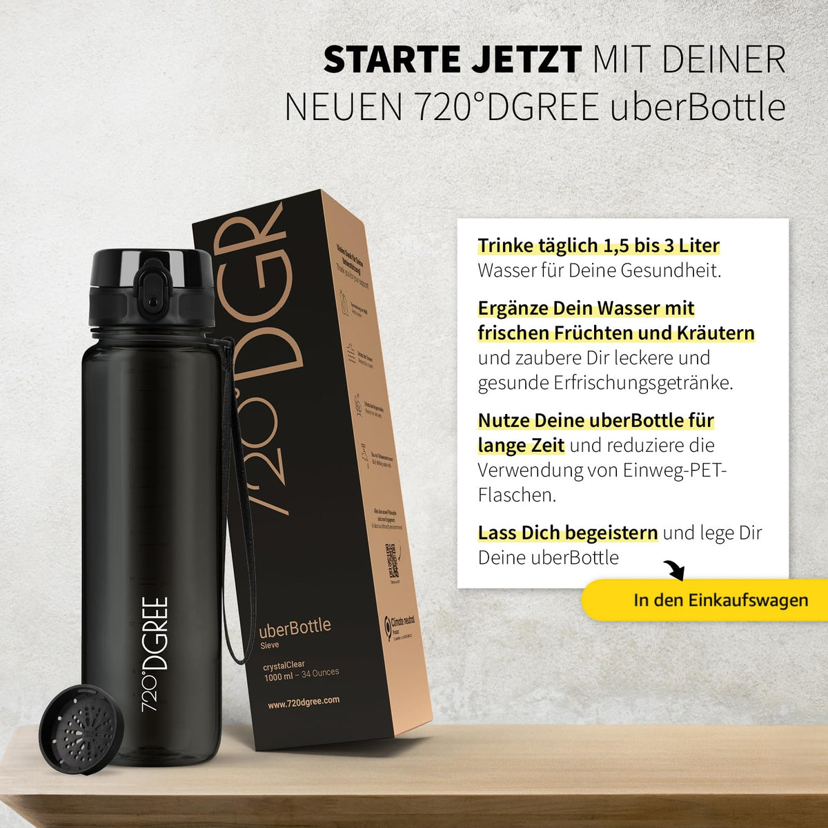 720°DGREE Trinkflasche 1l uberBottle Sieb - BPA-Frei, mehr als 40 Farben - Supplements and more Nahrungsergänzungsmittel