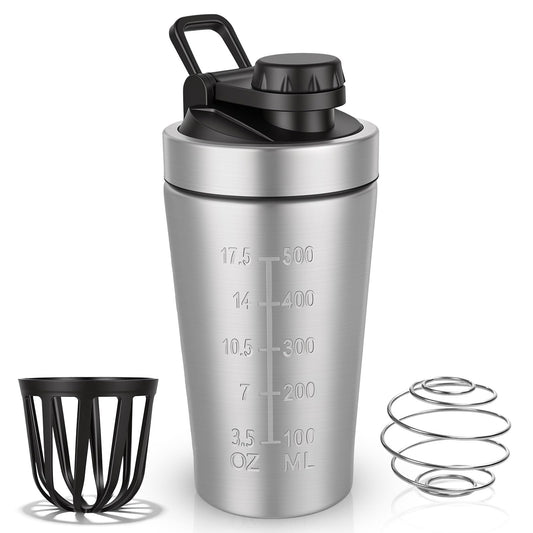 AOOWU Protein Shaker Edelstahl 600ml, Eiweiß Shaker Edelstahl mit Messskala Mixball, Stainless Steel Proteinshaker Tragegriff, Auslaufsicher, BPA-frei, Spülmaschinengeeignet für Fitness Sport Silber - Supplements and more Nahrungsergänzungsmittel