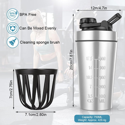 AOOWU Protein Shaker Edelstahl 600ml, Eiweiß Shaker Edelstahl mit Messskala Mixball, Stainless Steel Proteinshaker Tragegriff, Auslaufsicher, BPA-frei, Spülmaschinengeeignet für Fitness Sport Silber - Supplements and more Nahrungsergänzungsmittel