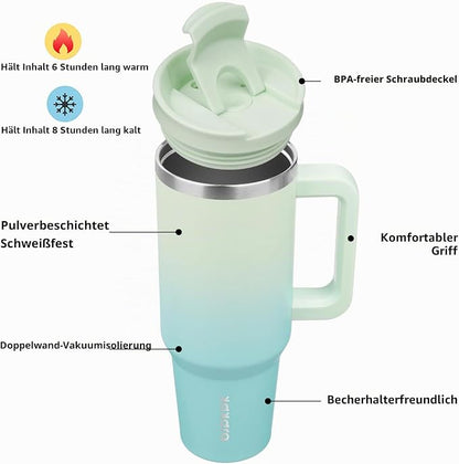 BJPKPK 1200ml Insulated Stainless Steel Tumbler with Handle, Lid and Straw - Reusable Travel Travel Coffee Tea Mint - Supplements and more Nahrungsergänzungsmittel