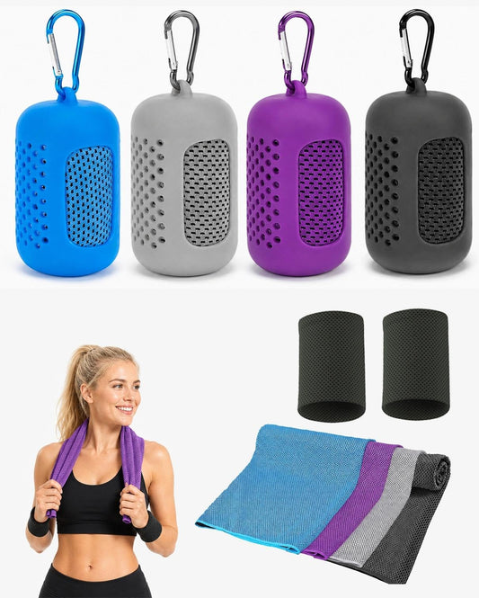 lxmydm Kühltuch Mikrofaser 4er Set mit 2 GRATIS Kühlarmbändern – Sporthandtuch Set Schnelltrocknendes Kühlhandtuch für Fitnessstudio, Gym, Laufen, Yoga und Outdoor – Cooling Towel mit Sofortkühlung - Supplements and more Nahrungsergänzungsmittel