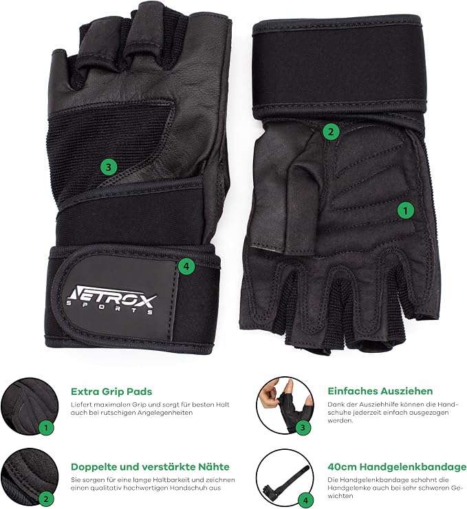 Netrox Sports Leather Training Gloves with 40 cm Wrist Bandage for Strength Training Strength Sports Fitness Gloves Gym with Wrist Protection Men and Women Sports Gloves Fitness Gloves - Supplements and more Nahrungsergänzungsmittel