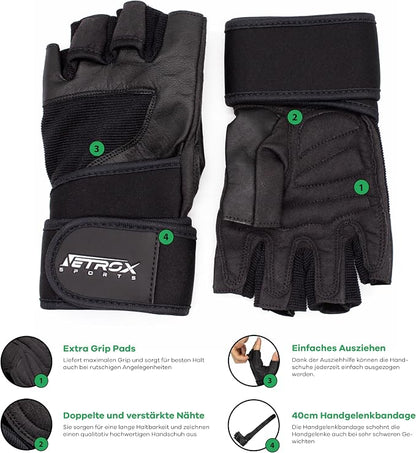 Netrox Sports Leather Training Gloves with 40 cm Wrist Bandage for Strength Training Strength Sports Fitness Gloves Gym with Wrist Protection Men and Women Sports Gloves Fitness Gloves - Supplements and more Nahrungsergänzungsmittel