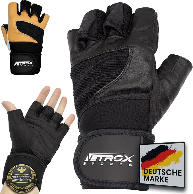 Netrox Sports Leather Training Gloves with 40 cm Wrist Bandage for Strength Training Strength Sports Fitness Gloves Gym with Wrist Protection Men and Women Sports Gloves Fitness Gloves - Supplements and more Nahrungsergänzungsmittel