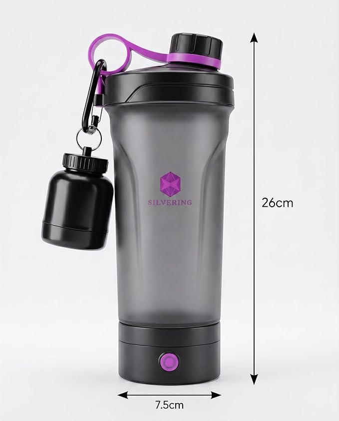 Silvering Electric Shaker, Dishwasher Safe, Protein Shaker with Removable Motor Unit, USB-C Rechargeable, Training Bottle, BPA-Free, 600 ml, Protein Shaker Electric (Purple) - Supplements and more Nahrungsergänzungsmittel
