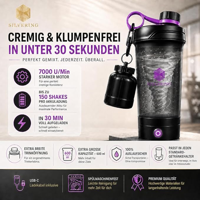 Silvering Electric Shaker, Dishwasher Safe, Protein Shaker with Removable Motor Unit, USB-C Rechargeable, Training Bottle, BPA-Free, 600 ml, Protein Shaker Electric (Purple) - Supplements and more Nahrungsergänzungsmittel
