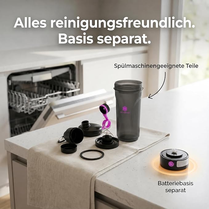 Silvering Electric Shaker, Dishwasher Safe, Protein Shaker with Removable Motor Unit, USB-C Rechargeable, Training Bottle, BPA-Free, 600 ml, Protein Shaker Electric (Purple) - Supplements and more Nahrungsergänzungsmittel